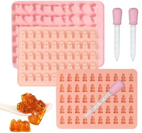 3 Stück Gummibärchen Form Silikonform Gummibärchen mit 3 Stück Tropfer | Rosa BPA-frei Gummibärchen Selber Machen Form für Süßigkeiten Gelee Schokolade Aromatisierter Eiswürfel Seifen Sogar