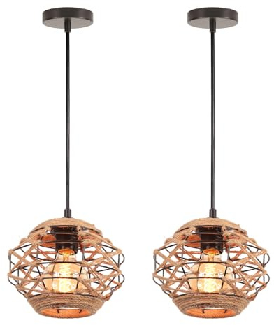 LIGKIN 2PCS Pendelleuchte Rattan Vintage Industrieller E27 Kronleuchter Retro Hängeleuchte Boho Lampenschirm Metallkäfig und Hanfseil Deckenlampe für Wohnzimmer, Ø20cm