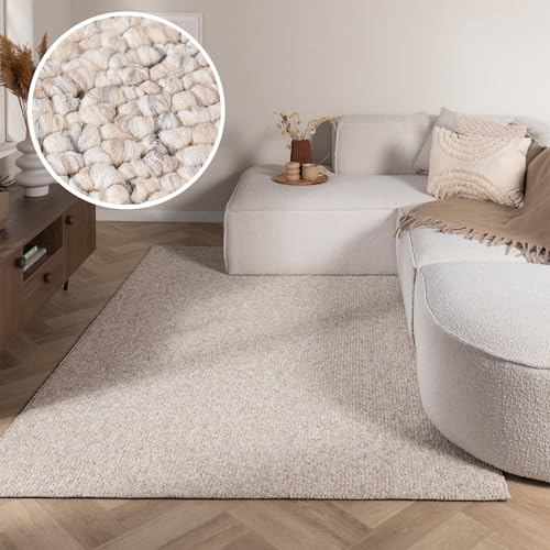 Waschbarer Wollteppich - Bruno Beige Creme - Polypropylen - Flachgewebe - Einfarbig - Waschbar in Waschmaschine - Modern - Wohnzimmer, Esszimmer, Kinderzimmer, Schlafzimmer - Carpet