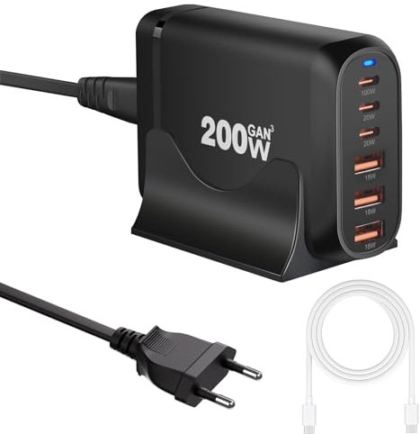 200W Chargeur USB C Multiple, 6 Ports GaN Ⅲ Chargeur Rapide, Station de Charge USB C de Bureau, PD+QC Compatible avec iPhone iPad Samsung MacBook Ordinateur Portable, Noir avec Câble USBC 100W 1.5m