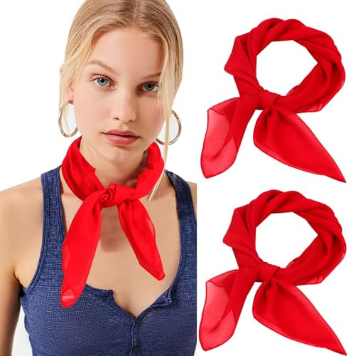 Lancry 2 Pack Red Bandana Chiffon Neck Scarf, Unisex Square Plain Neckerchief, Cooling Bandana Wrap Head Scarf for Face Covering
