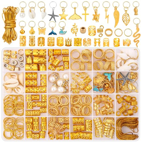 255 PCS Gold Hair Jewelry for Braids, 38 Styles Loc Hair Charms for Women Men, Metal Hair Cuffs Rings Clips for Dreadlock Accessories Hair Braids Jewelry Decorations(Gold)
