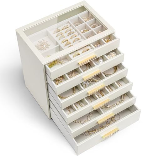 Vlando Portagioie Grande con 6 Ripiani e 6 Cassetti, Scatola Organizzatrice Gioielli Moderna in Bianco con Coperchio in Vetro Temperato - per Collane, Orecchini, Bracciali, Orologi (Bianco)
