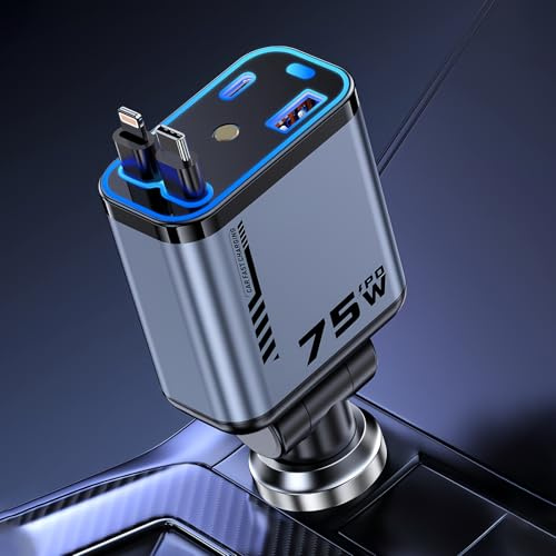 4 en 1 Cargador de Coche Retráctil, Cargador de Coche de75 W, Retractable Car Charger