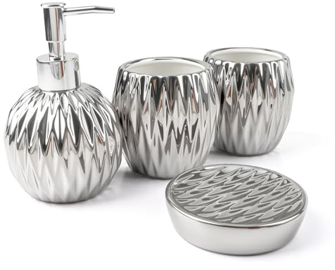 Bathroom Accessories Set 4 Piece, Ceramic Soap Dispenser and Toothbrush Holder Set, Modern Countertop Decor Organizer Set for Bathroom Sink, Gift for Housewarming Wedding (Silver)