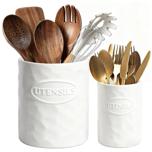 KJEC White Utensil Holder Set of 2 Ceramic Cooking Utensil Crock Modern Kitchen Utensil Organizer for Countertop Spatula Spoon and as a Decorative Vase for Housewarming Gift
