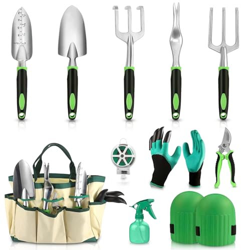 Gerbala Set di Attrezzi da Giardinaggio, 11 Pezzi Attrezzi da Giardinaggio con Borsa Portaoggetti, Attrezzi Orto per Piante, Robusto, Antiruggine, Donne, Uomini, Amanti del Giardino