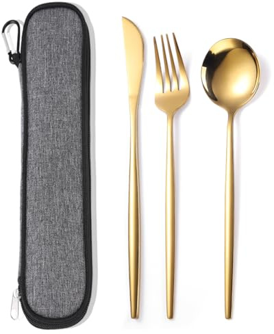 MURRI&MURRDI Travel Lunch Silverware Box for 1 Person, Portable Stainless Steel Cutlery Set with Case, Camping Flatware Set for Office Work, 3 Piece Reusable Knife Fork Spoon, Gold