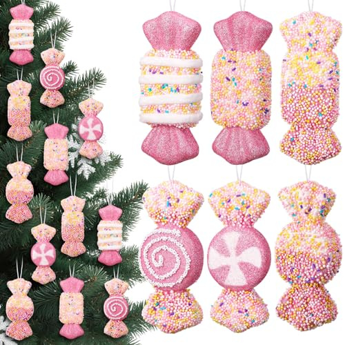 12pcs Christmas Pink Candy Ornaments 6'' Large Pastel Christmas Tree Decorations Candy Holiday Land Home Party Xmas Decor Gift