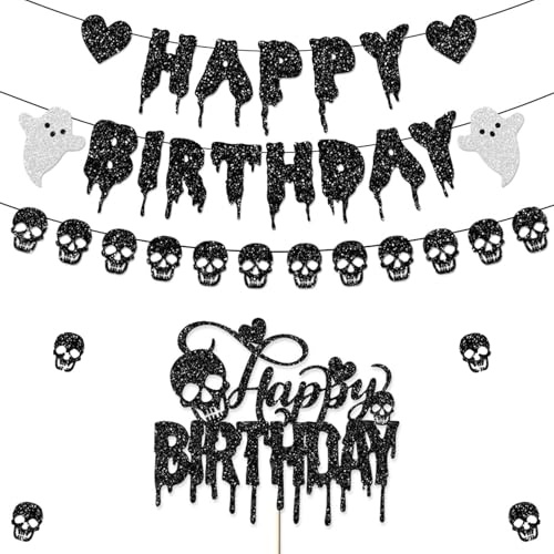 FrostyFlair Halloween Geburtstag Banner, Schwarzes Glitzer Halloween Deko, Totenkopf Deko, Geburtstagsdeko, Geburtstagsdeko Mädchen, Birthday Decorations