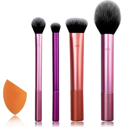 Kit Pinceaux de Maquillage 5 Pièces,4 Pinceaux Professionnels et 1 Éponge Douce, Parfait pour Contouring, Estompage, Highlighting et Look Naturel, Idéal pour Usage Quotidien et Cadeau