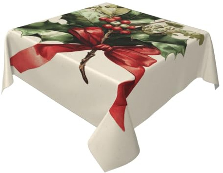 Tovaglia natalizia con agrifoglio e fiocco rosso, lavabile, decorazione per cucina, 152,4 x 152,4 cm