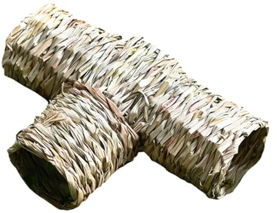 Didiseaon Nid pour Hamster en Paille Naturelle Tissé Main Tunnel de Jeu 4 Ouvertures Dimensions 12 X 32 X 22 CM Maison pour Animaux de Compagnie Ludique pour Hamster et Petits Rongeurs