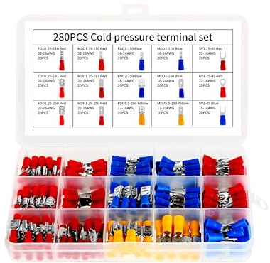 280 Stück Kabelschuhe Set – 15 Typen isolierte Flachstecker & Flachsteckhülsen, vielseitiges Kabelverbinder Sortiment für KFZ & Elektrik, robustes Quetschverbinder Set für verschiedene Anwendungen