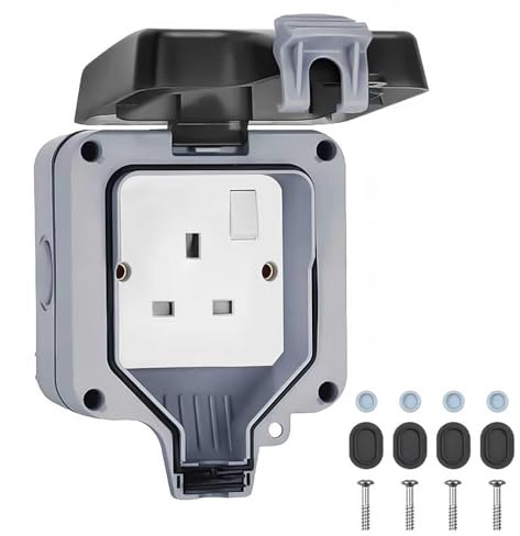 British Outdoor Waterproof Electrical Socket, IP66 Rated,Double Socket with Safety Shutter,Grounded 13A UK Plug,Weatherproof for Garden,Patio,Garage Use,Easy Installation