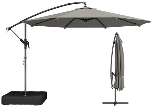 Outsunny Parasol Déporté de Jardin 3 m avec Base Croisée et Sac de Sable Remplissable 80 kg à Remplir, Parasol Banane Rotatif 360° avec Manivelle, Gris