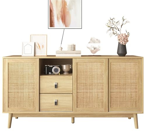 DHWDS Credenza con 3 ante scorrevoli in rattan e 2 cassetti, grande cassettiera per soggiorno, camera da letto e corridoio, armadietto sottile 155 x 38 x 80 cm, effetto legno