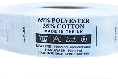 Bedruckte Waschpflegeetiketten, 65 % Polyester, 35 % Baumwolle, 50 Grad, 1 Bar, nicht bleichen, 2 Punkte bügeln, trocknergeeignet, 25 mm B x 61 mm, Rolle mit 1000 Stück