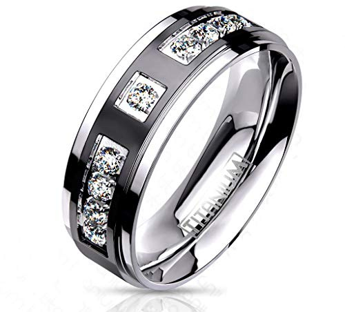 Paula & Fritz® Ring Damen Zirkonia Klar Titan-IUM Größe 49 (15,6) - 70 (22,3) Silber-schwarz 6-mm 8-mm breit Partnerring Ehering Verlobungsring