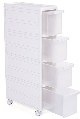 SONGMICS Carrito Estrecho con Ruedas, Estantería de Almacenamiento con Cajones, 4 Niveles Utilizables por Separado, Plástico PP, Blanco, 18 x 46 x 84,5 cm (Anchura x Profundiad x Altura) KFR05W