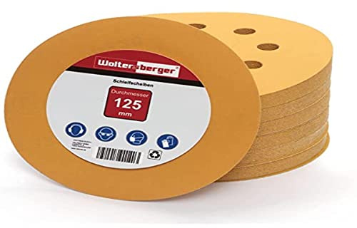 Woltersberger® 50 pièces Disques Abrasifs Or │ 8 trous │ Ø 125 mm │ grain 240 │ pour ponceuses orbitales aléatoires │ feuilles abrasives │ papier de verre