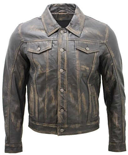 Herr Trucker Slim Fit Casual Vintage Svart Läder Skjorta Jeansjacka