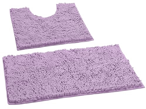 LuxUrux Alfombras De Baño Juego De Alfombrillas De Baño De Chenilla De Lujo (2 Piezas), Antideslizante De Felpa Suave + Alfombra Peluda De Microfibra De 1 '' |Lavanda|Conjunto Curvo
