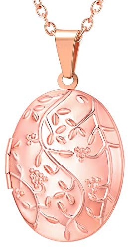 U7 Damen Oval Medaillon Retro Blumen Zweig Medaillon zum Öffnen für Bilder Foto Rosegold Halskette Anhänger Amulett Souvenir Freundschaftskette Kettenanhänger Mode Schmuck für Vatertag