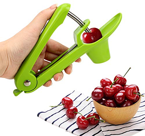 MEETOZ Cherry and Olive Pitter Tool - Kitchen Core Remover With Space-Saving Lock Design for Seed, Pit, Stone - Portable Kitchen Aid (Green)
