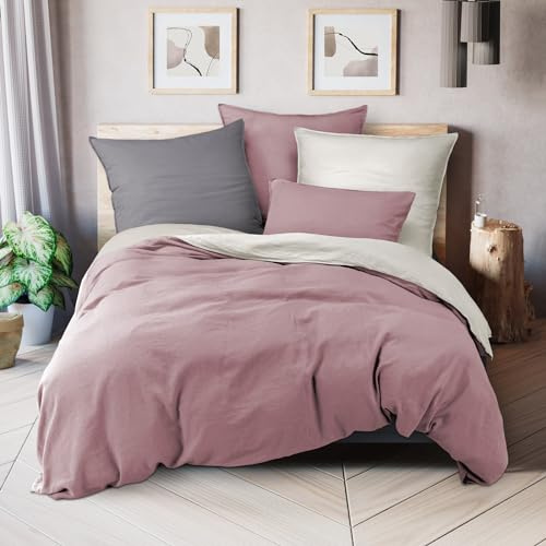 Pure Label Halbleinen Bettwäsche 155x220 80x80 Mauve mit Baumwolle | 60°Maschinen waschbar & Bügelfrei - trocknergeeignet - 4 Jahreszeiten