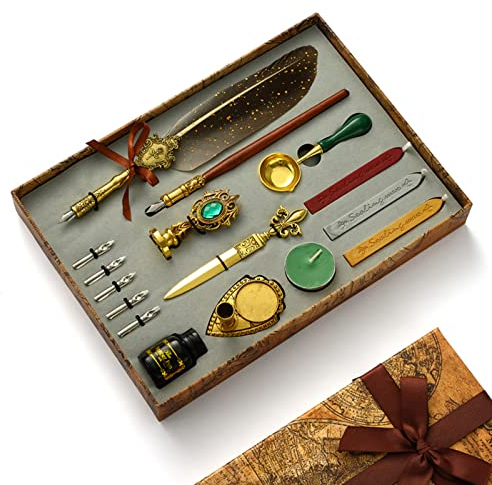 JasCherry Schreibfeder mit Tinte Set- Vintage Kalligrafie Stift mit Wachssiegel Stempel, Federkiel Set mit 1 Tinte & 5 Ersatzspitzen in Geschenkbox für Geburtstag, Weihnachten, Valentinstag