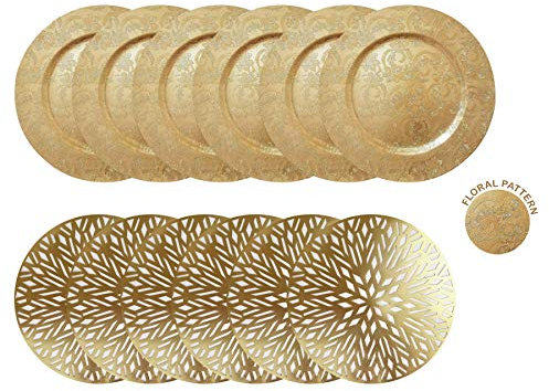 YöL Christmas Charger Plates Placemats 12pc Set Dinnerware Decorative Festive Gold Xmas Re-usable Plastic Dinner Party