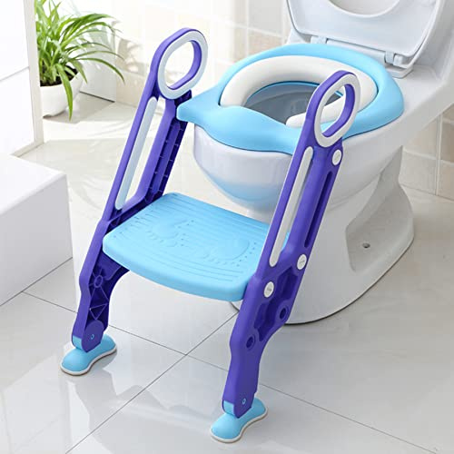 Riduttore WC per Bambini Ergonomico -Sedile WC per bambini,Sedile WC pieghevole-Riduttore per WC con gradini larghi/cuscino morbido-blu + viola