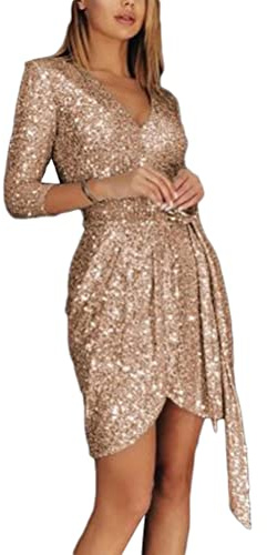 shownicer Damen Langarm V-Ausschnitt Pailletten Kleider Festlich Kleid Kurz Sexy Bodycon Minikleid A-Linien Ballkleid Partykleid Mit Gürtel