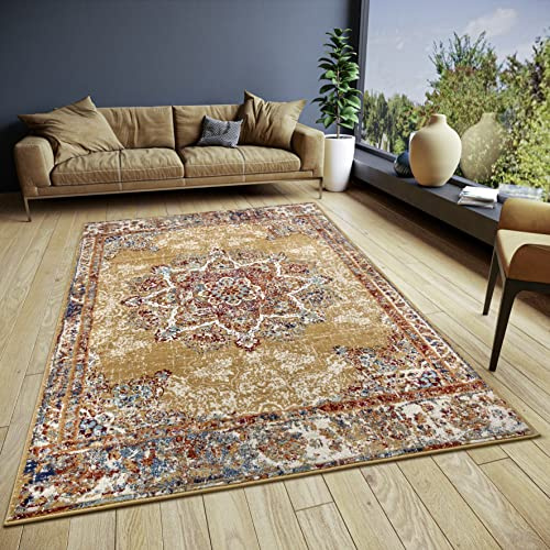Hanse Home Maderno Orientalischer Teppich – Läufer Orientalisch klassisch dicht gewebt mit Ornamenten Vintage-Look Weicher Kurzflor für Schlafzimmer, Esszimmer, Wohnzimmer, Flur – Gold, 140x200cm