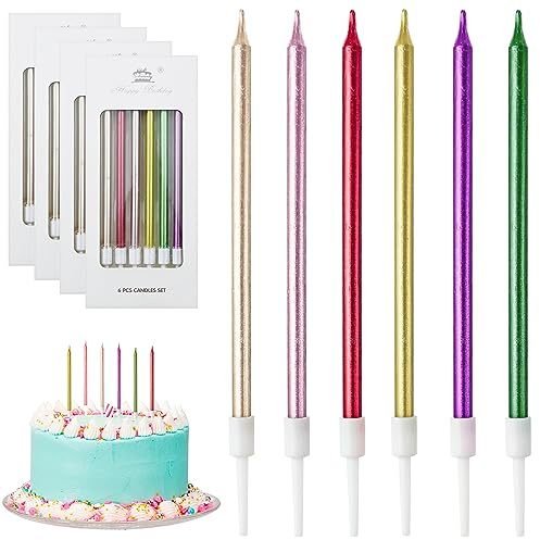DONQL Geburtstagskerzen Für Torte, 24 Stück Kerzen Geburtstag (Mehrfarbig) | Dünn und Lang, Geruchsfrei, Mit Ständer, Ideal für Geburtstage, Hochzeitsfeiern, Brautduschen, Babyduschen uvm