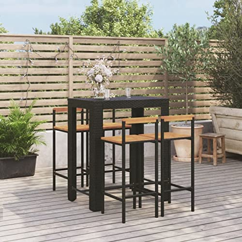 BULANED 5-TLG. Gartenbar-Set, Outdoor Möbel Wetterfest, Gartenmöbel Set, Bartisch Set, Outdoor Bar, Garden Furniture, Gartenbar Outdoor, Schwarz Poly Rattan & Massivholz Akazie