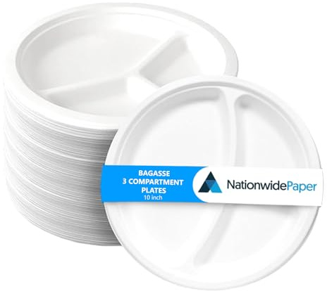 Nationwide Paper 3 Compartment Plates Disposable Eco-Friendly White 10” Bagasse Paper Plates Pack of 50 (25cm)
