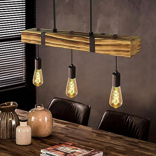 GBLY Pendelleuchte Esstisch aus Holz Vintage Hängelampe Retro 60CM | Esszimmerlampe Holzbalken 3 x E27 4Watt ST64 Warmweiß 2700K Höhenverstellbar Industrial Pendellampe Esszimmer Wohnzimmer