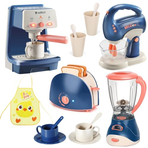 Pretend Play Kitchen Appliances Toy Set Age 3+ with Coffee Maker Machine,Blender, Mixer and Toaster with Realistic Light and Sounds for Kids Ages 3+
