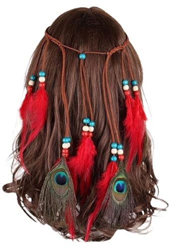 KAREN66 Boho Pfauenfedern Stirnband Damen Mädchen Pfau Feder Haarband Pfauenfeder Haarschmuck Kopfschmuck Fasching Karneval Kostüm (Rot)
