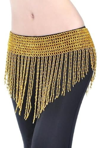 Bauchtanz Outfit,Damen Bauchtanz Kostüm Frauen Bauchtanz Kleidung Quaste Hüfte Schal Bauchtanz Elastic Wickelgürtel mit Gold / Silber Perlen Fransen Tanztuch Bauchtanz Kostüm ( Color : Gold small bead