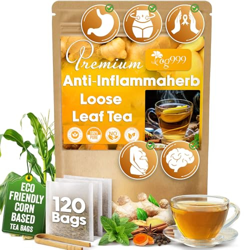 60 Tea Bags - Anti-Inflammaheb Loose Leaf Tea, 100% Natural from Ginger, Turmeric, Peppermint, Black Pepper, Cinnamon. Made with Natural Material Tea Bags. No Sugar, No Caffeine, No Gluten, Vegan.
