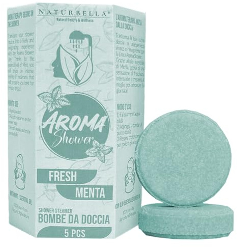 Naturbella - Aroma Shower Fresh – 5pz Bombe Doccia con Oli Essenziali Bio, Olio Essenziale di Menta 100% Naturale Bio, 100% Artigianale, Bomba Doccia Rinfrescante - Made in Italy