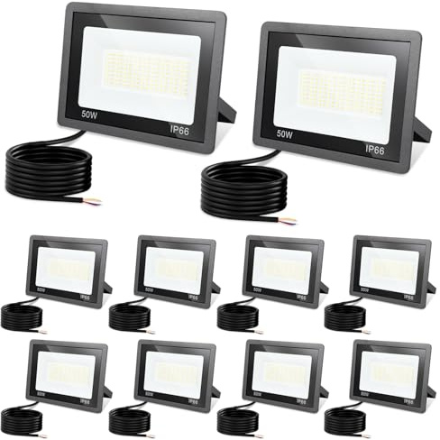 Jiubiaz LED Strahler Außen 50W, 3000K/4000K/6500K LED-Strahler Dimmbar, Superhell Fluter Flutlichtstrahler, IP66 Wasserdicht Scheinwerfer Aussenstrahler für Hof, Garten, Garage(10 Stück)