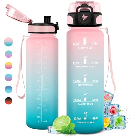 KollyKolla Borraccia 1L, Borraccia con Orari per Bere, senza BPA, Borraccia Sportiva a Prova di Perdite, Bottiglia Acqua 1 Litro per Adulto, Bambini, Palestra, Lavoro, Bici, Escursionismo, Ciclismo