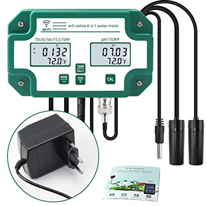 Irfora 6-in-1-Wasserqualitätstester Tuya WiFi-Multiparameter-Wasserqualitätsmonitor Digitaler pH-Wert/Gesamtmenge an gelösten Feststoffen/EC/S.G/Salz/Temp-Messgerät für Aquakultur-Schwimmbecken