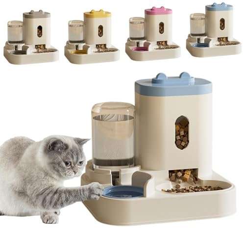 Wasser und Futterspender, Katzen Wasserspender Ohne Strom, Futterautomat Katzen Hunde 2 Näpfe, Trockenfutterspender für Katzen Reise, Wasserspender Katze Flasche, Futterspender (Blau)