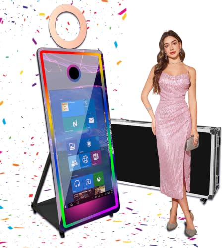 Spiegel Fotokabine Magische Spiegel Selfie Photobooth Maschine 43 Zoll Touchscreen RGB Ring Lichter und LED Rahmen Tragbar für Hochzeit Party Events Flug Fall (Schwarz, 65 Zoll (43 Zoll Bildschirm))