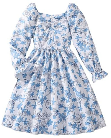 Kleider für Mädchen Sommer Stilvolle Schöne Kinder Mädchen Blatt Druck Lange Trompetenärmel Fliege Kleid Prinzessin Kleid Kinderkleidung Mädchen Kleider Hochzeit Einschulung (Blue, 11-12 Years)